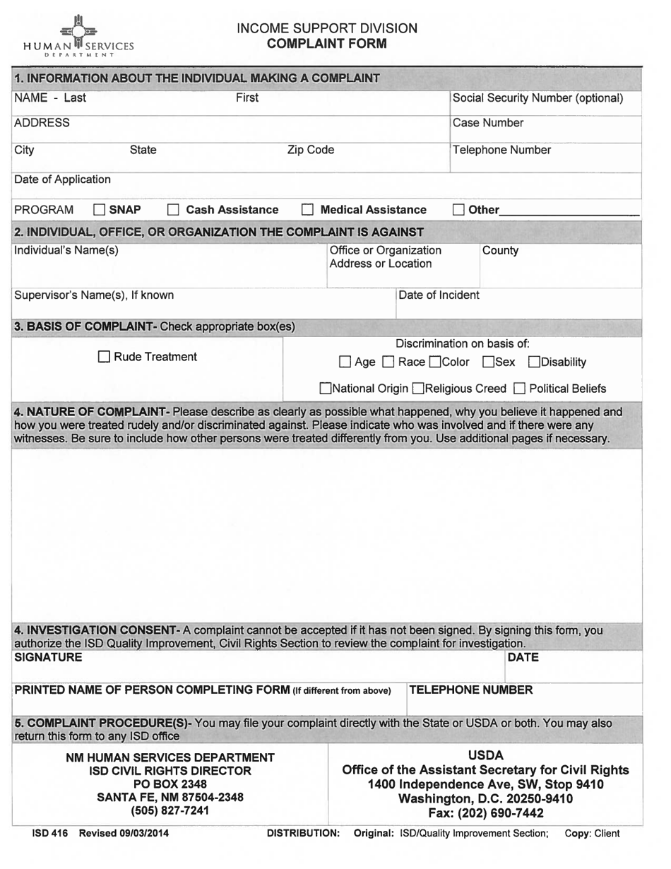 Form ISD416 Income Support Division Complaint Form - New Mexico (English / Spanish), Page 2