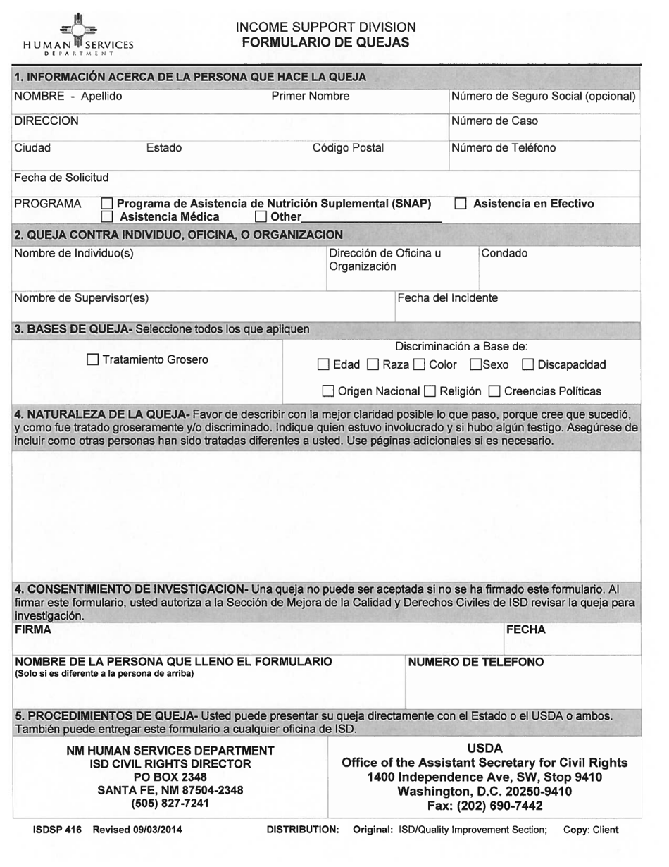 Form ISD416 Income Support Division Complaint Form - New Mexico (English / Spanish), Page 4