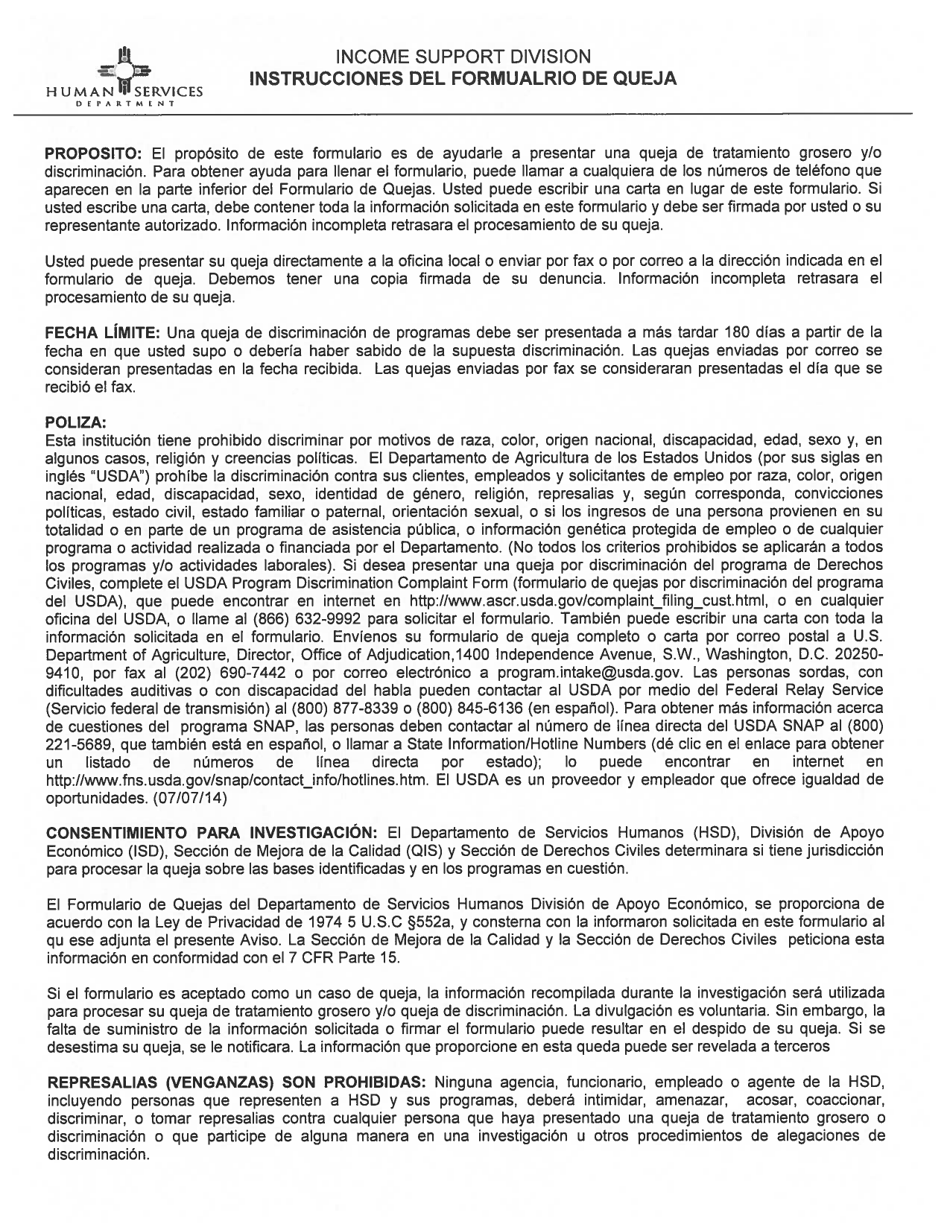 Form ISD416 Income Support Division Complaint Form - New Mexico (English / Spanish), Page 5