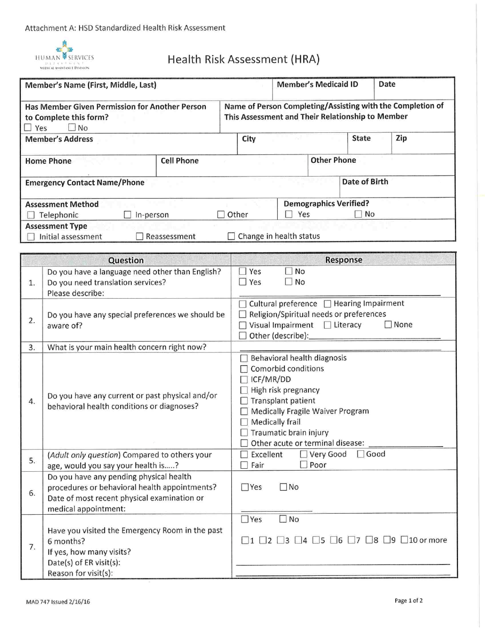 Form MAD747 Attachment A Health Risk Assessment - New Mexico, Page 2