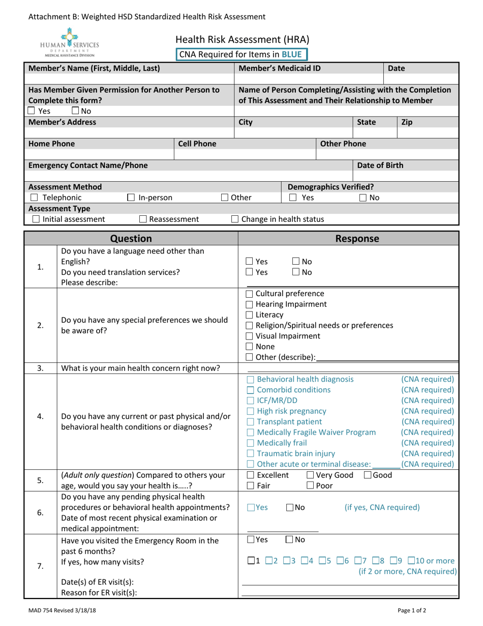 Form MAD754 Attachment B Weighted Standardized Health Risk Assessment (HRA) - New Mexico, Page 2