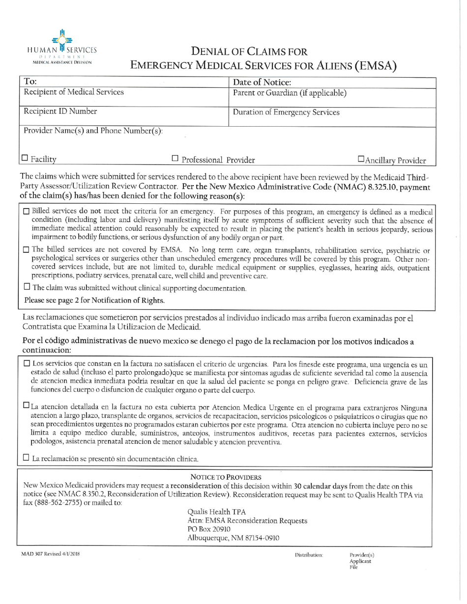 Form MAD307 Denial of Claims for Emergency Medical Services for Aliens (Emsa) - New Mexico (English / Spanish), Page 2