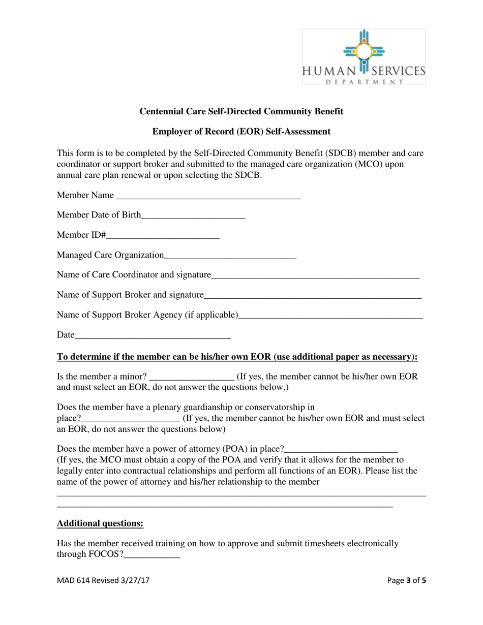 Form MAD614 Centennial Care Self-directed Community Benefit Employer of Record (Eor) Self-assessment - New Mexico, Page 4