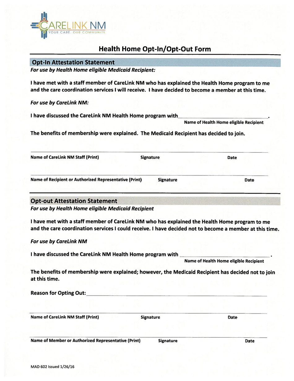 Form MAD602 Health Home Opt-In / Opt-Out Form - New Mexico, Page 2