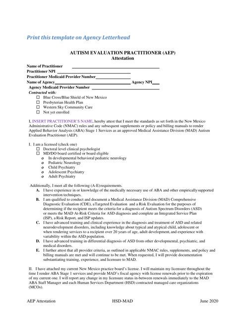 Autism Evaluation Practitioner (Aep) Attestation Template - New Mexico Download Pdf