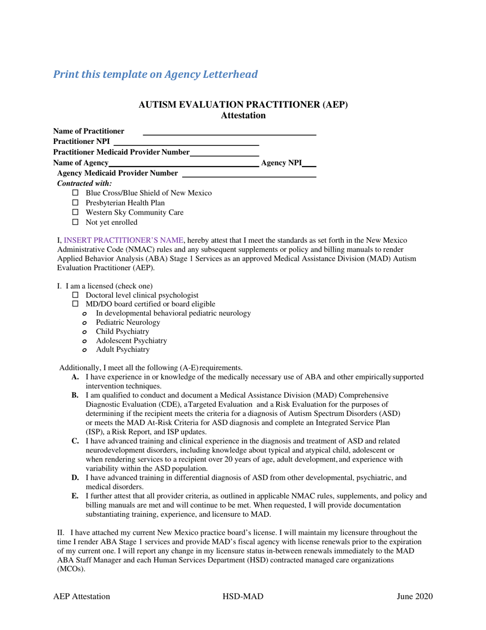 Autism Evaluation Practitioner (Aep) Attestation Template - New Mexico, Page 1