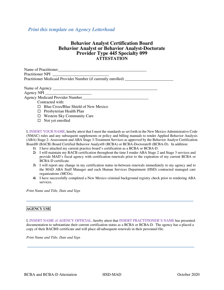 Behavior Analyst Certification Board Behavior Analyst or Behavior Analyst-Doctorate Provider Type 445 Specialty 099 Attestation Template - New Mexico, Page 1