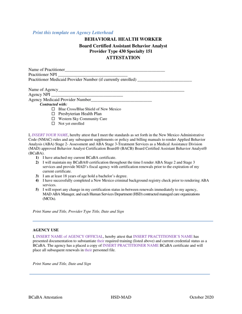 Behavioral Health Worker Board Certified Assistant Behavior Analyst Provider Type 430 Specialty 151 Attestation Template - New Mexico Download Pdf