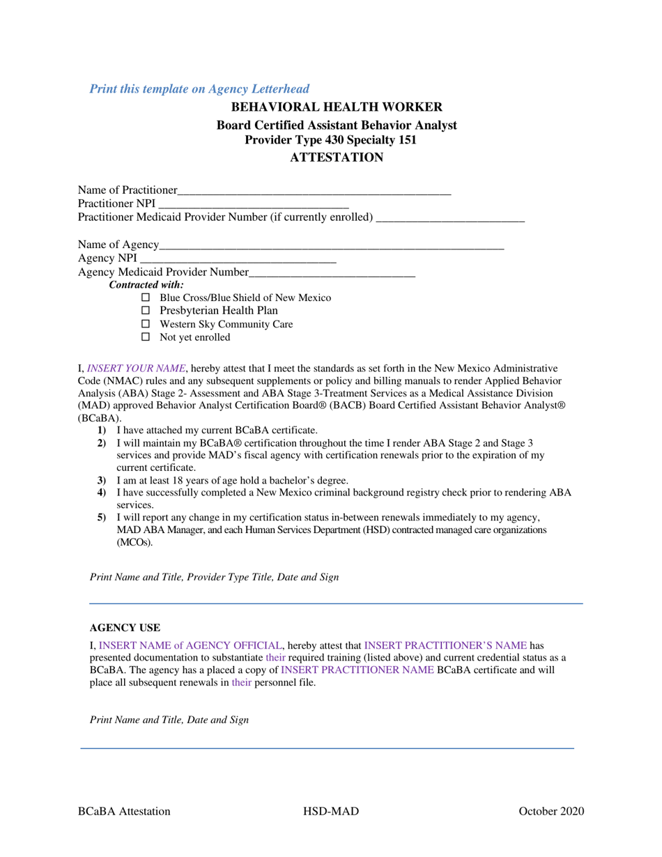 Behavioral Health Worker Board Certified Assistant Behavior Analyst Provider Type 430 Specialty 151 Attestation Template - New Mexico, Page 1