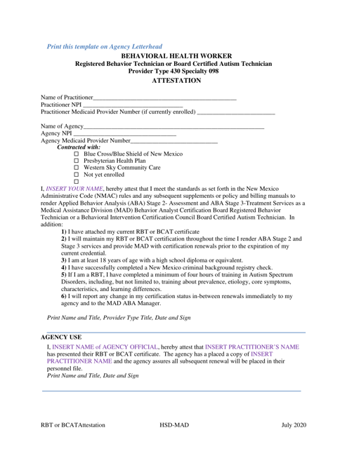 Behavioral Health Worker Registered Behavior Technician or Board Certified Autism Technician Provider Type 430 Specialty 098 Attestation Template - New Mexico Download Pdf