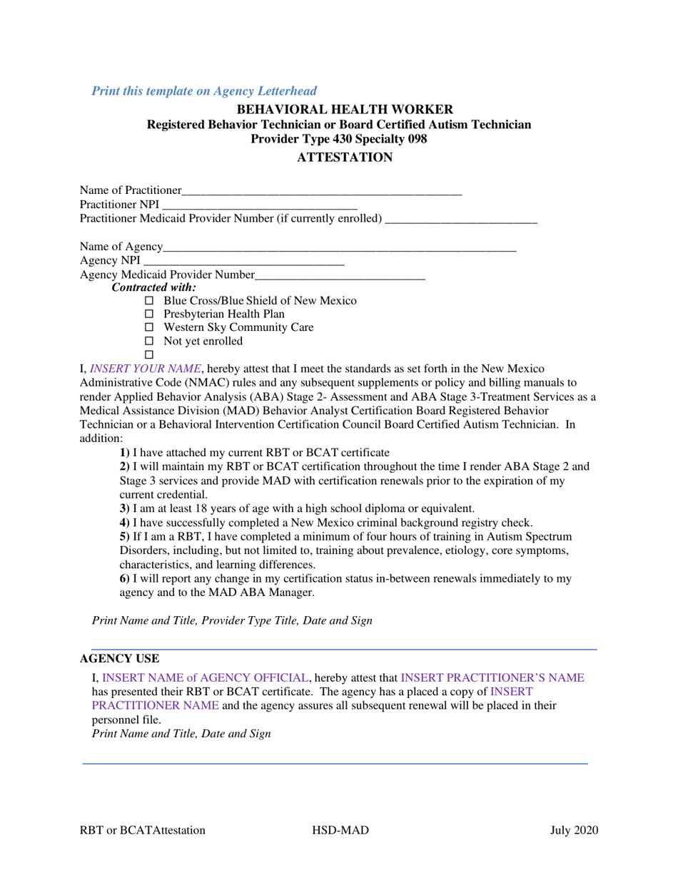 Behavioral Health Worker Registered Behavior Technician or Board Certified Autism Technician Provider Type 430 Specialty 098 Attestation Template - New Mexico, Page 1