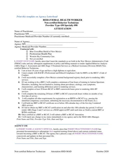 Behavioral Health Worker Non-certified Behavior Technician Provider Type 430 Specialty 098 Attestation Template - New Mexico