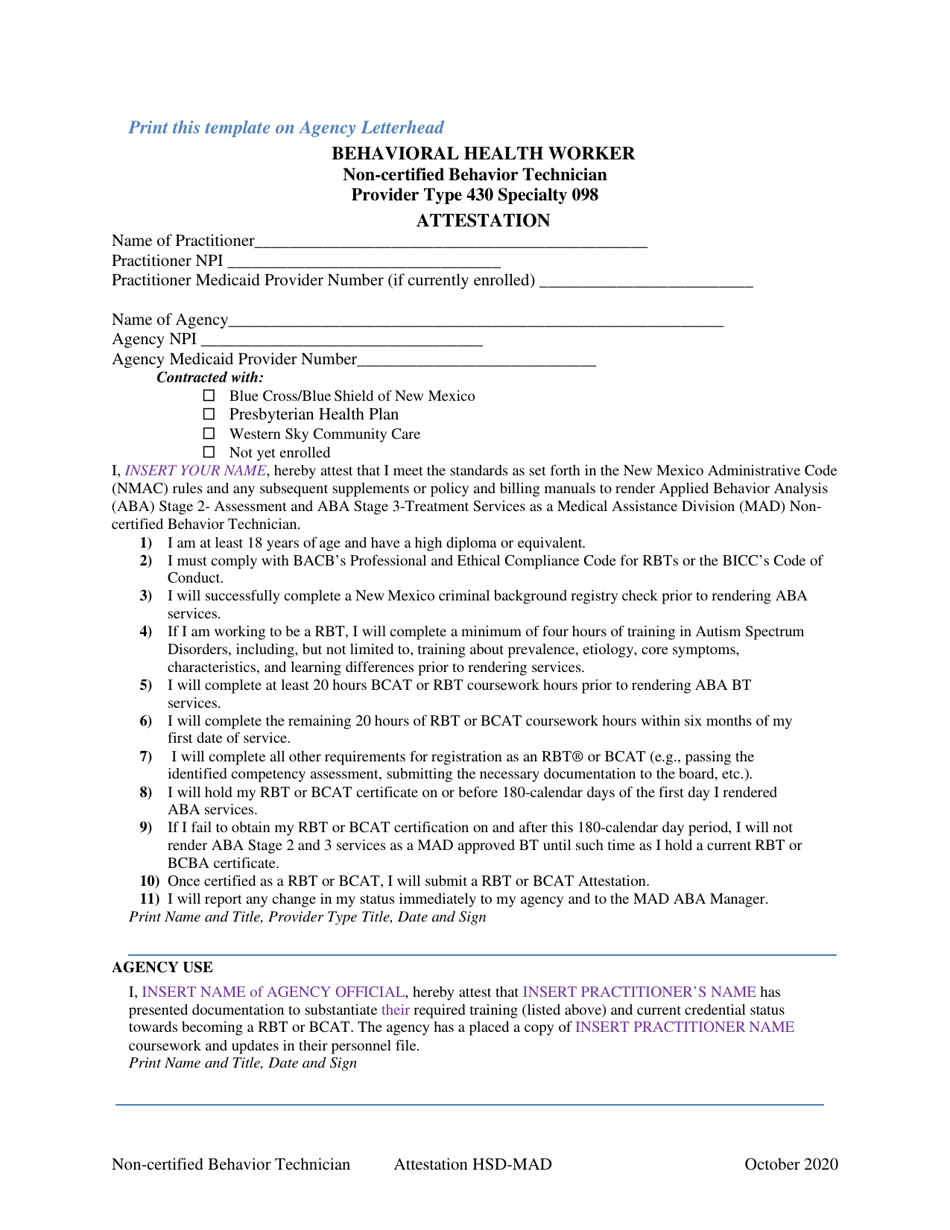 New Mexico Behavioral Health Worker Non certified Behavior Technician
