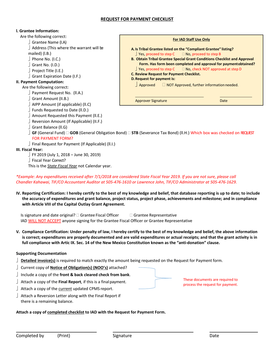 Request for Payment Checklist - New Mexico, Page 1