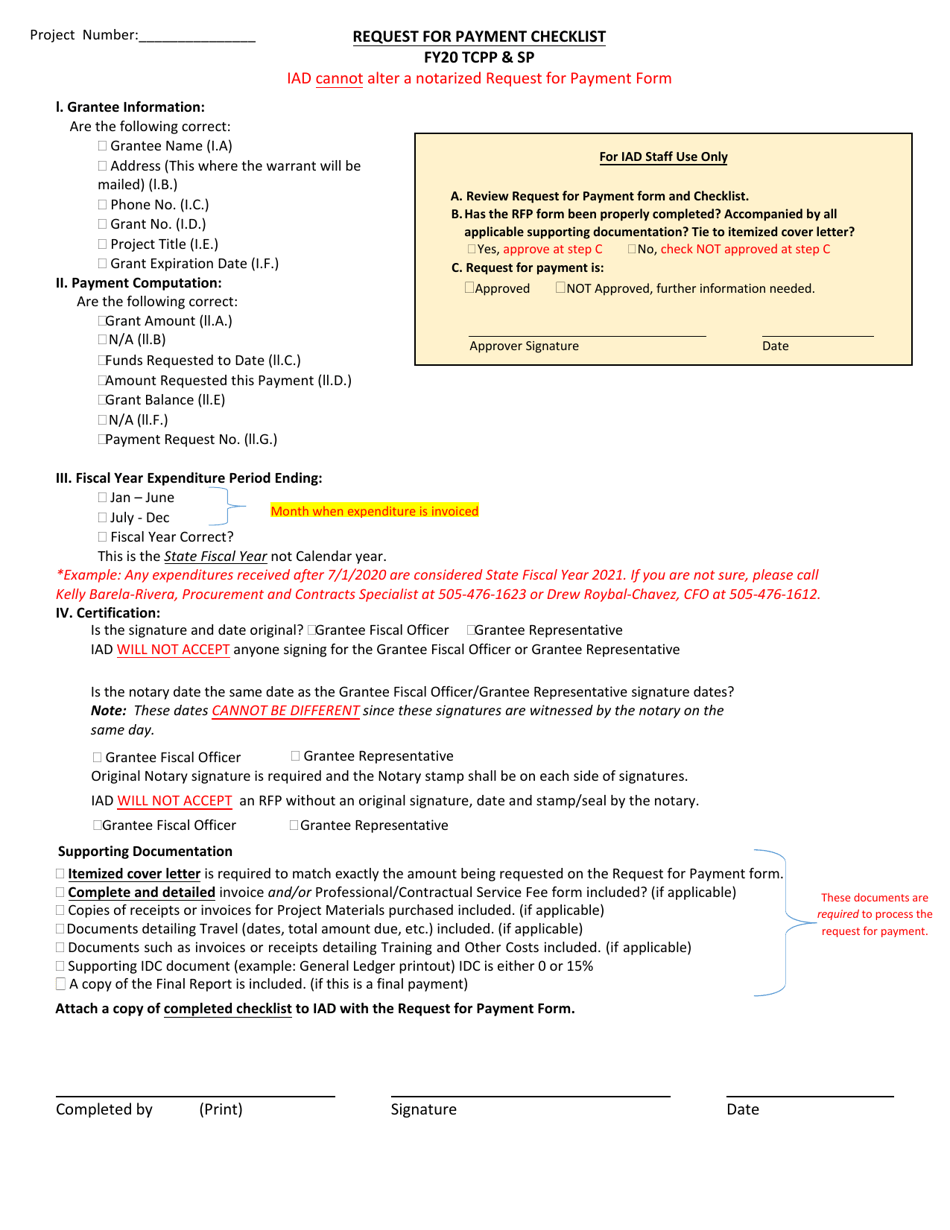 Request for Payment Checklist - Tcpp  Sp - New Mexico, Page 1