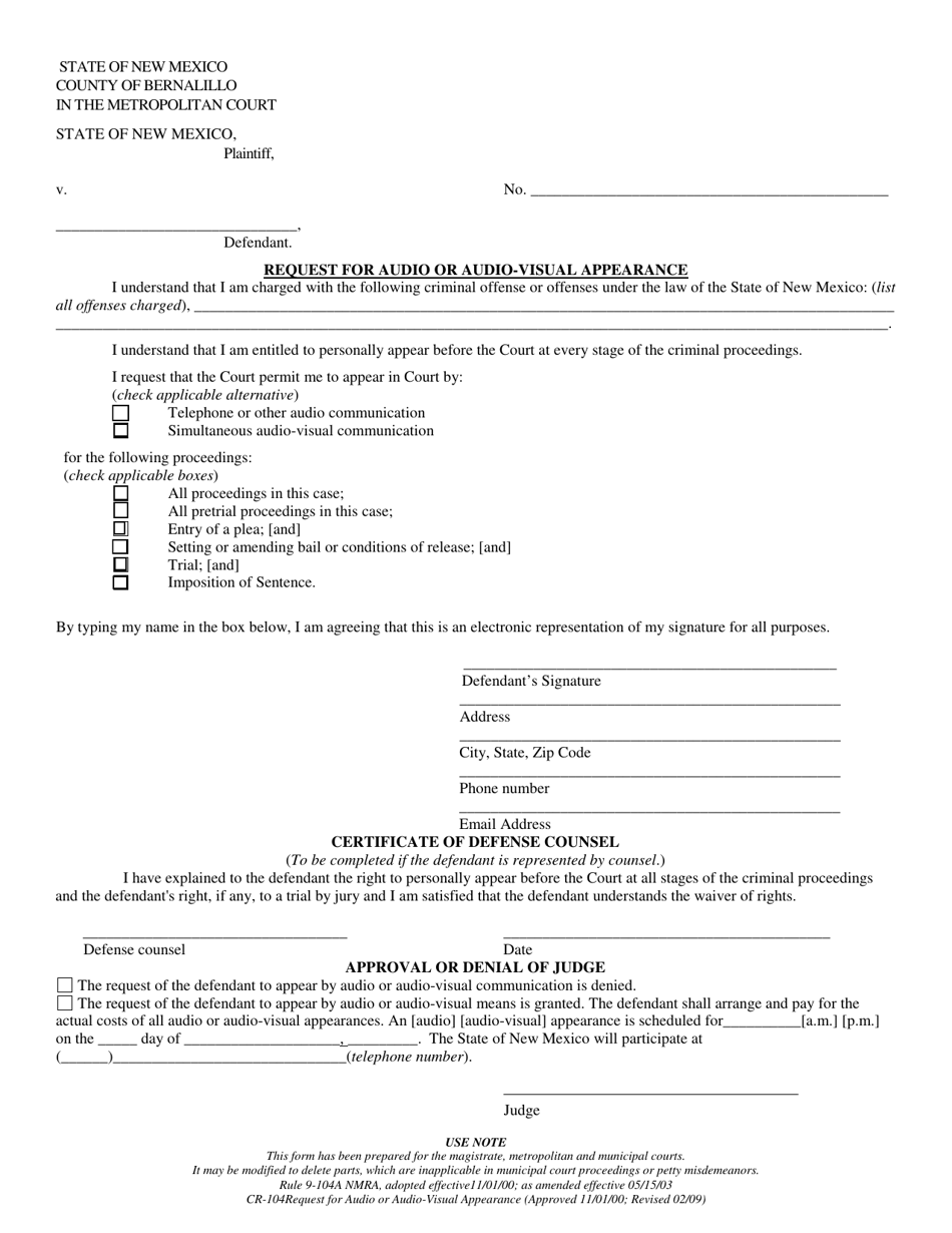 Form CR-104 Request for Audio or Audio-Visual Appearance - Bernalillo County, New Mexico, Page 1