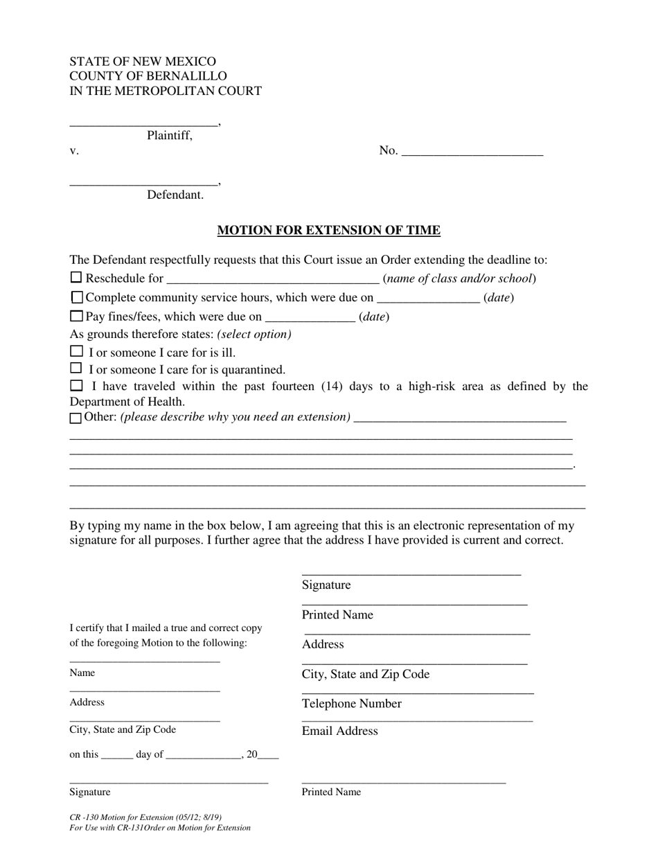 Form CR-130 Motion for Extension of Time - Bernalillo County, New Mexico, Page 1