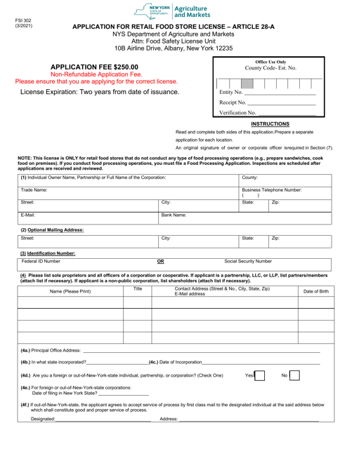 Form FSI302 Application for Retail Food Store License - Article 28-a - New York