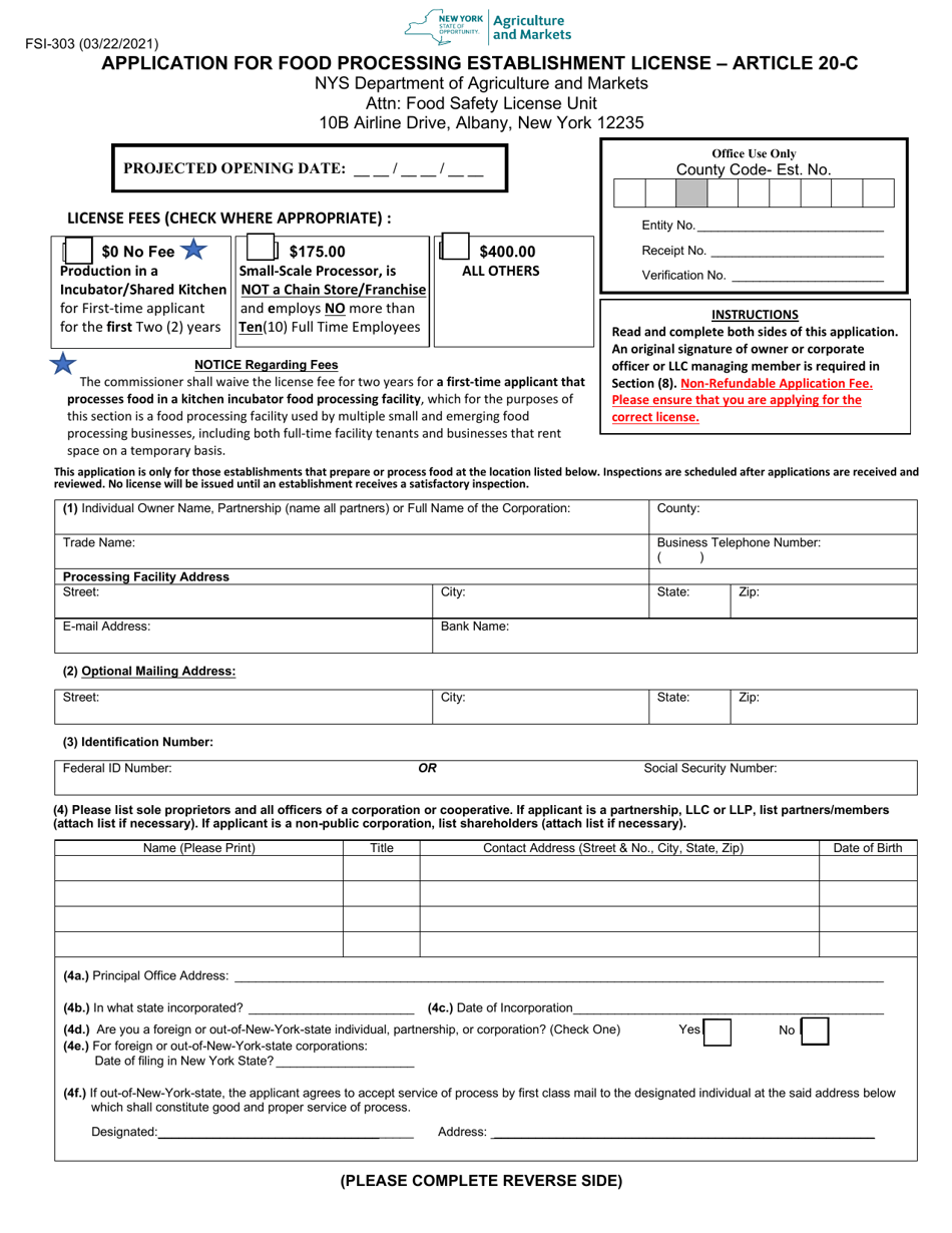 Form FSI-303 Application for Food Processing Establishment License - Article 20-c - New York, Page 1