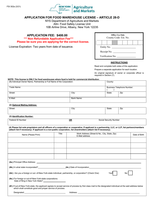 Form FSI302A Application for Food Warehouse License - Article 28-d - New York