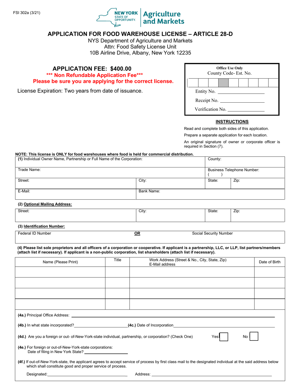 Form FSI302A Application for Food Warehouse License - Article 28-d - New York, Page 1