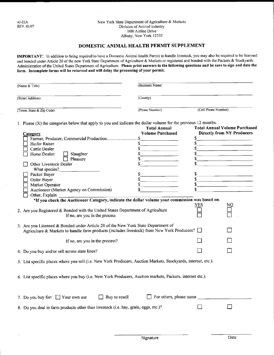Form AI-22A Domestic Animal Health Permit Supplement - New York, Page 1