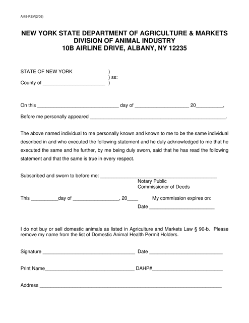 Form AI45 Affidavit: Non Domestic Animal Health Permit Holder - New York