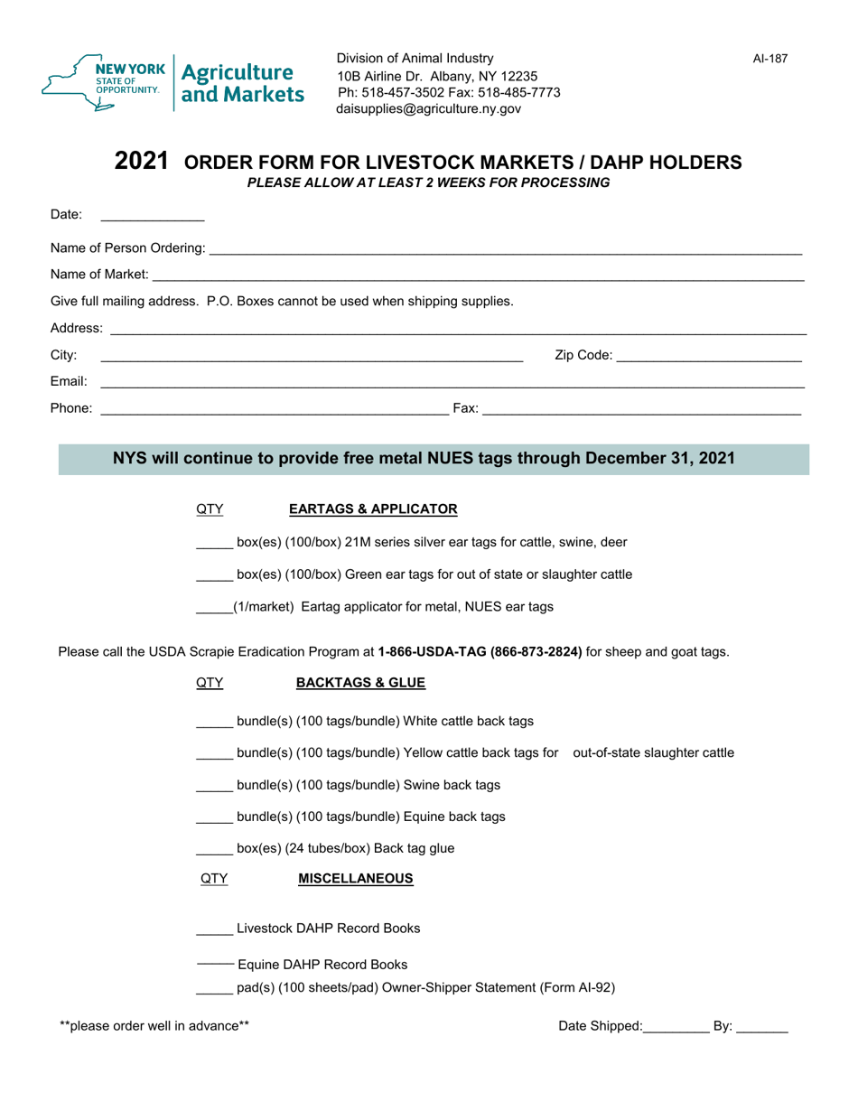 Form AI-187 Order Form for Livestock Markets / Dahp Holders - New York, Page 1