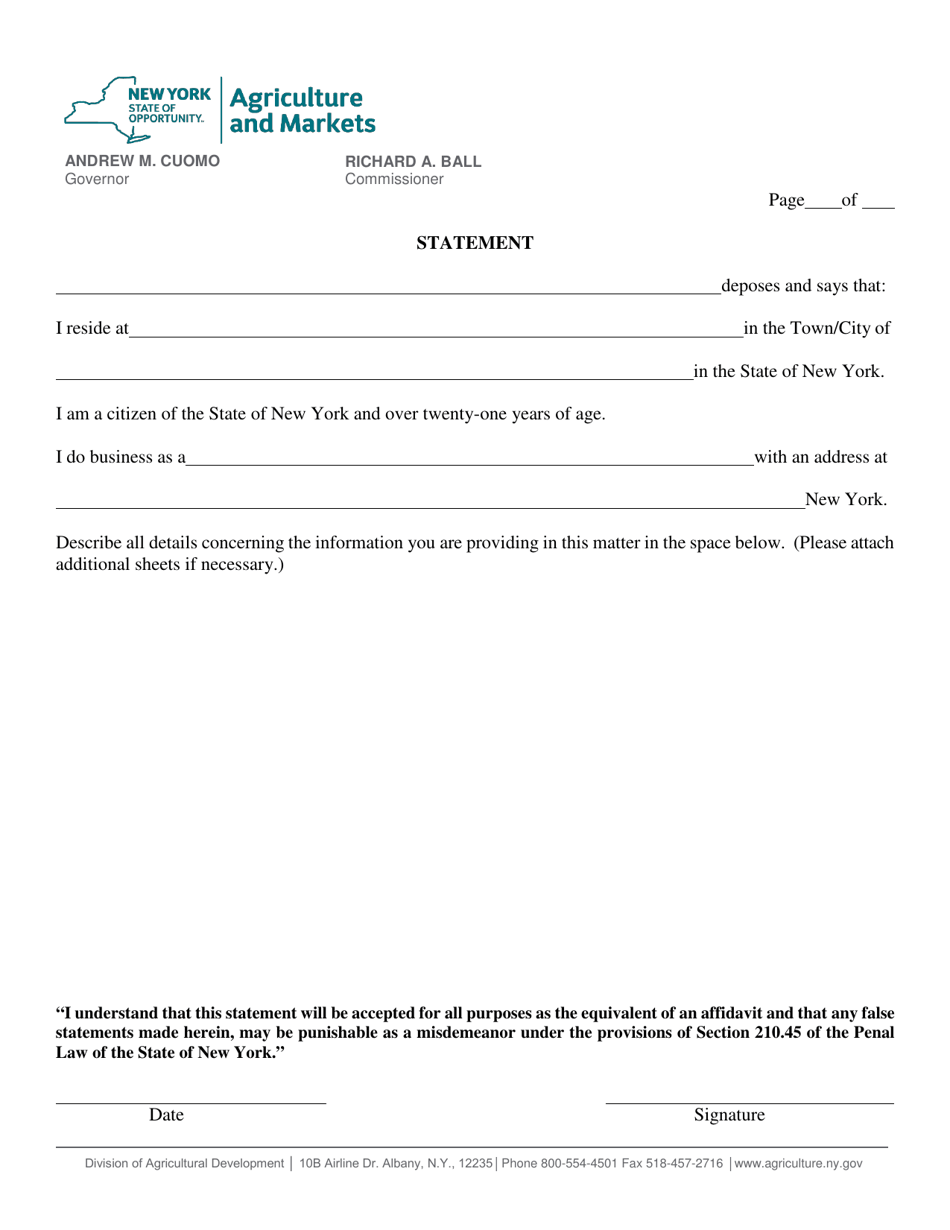 Farm Products Dealer Statement Form - New York, Page 1