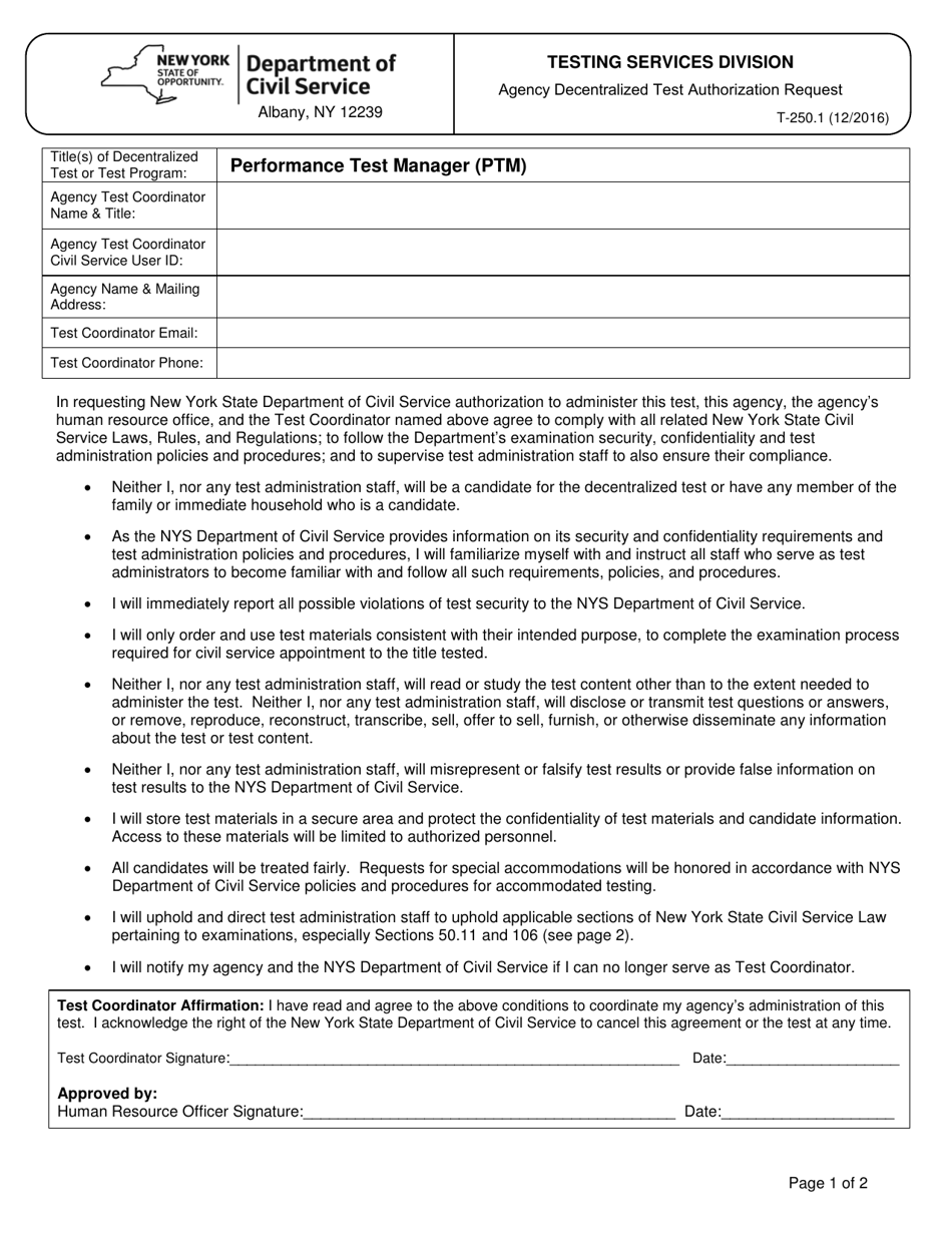 Form T-250.1 Agency Decentralized Test Authorization Request - New York, Page 1