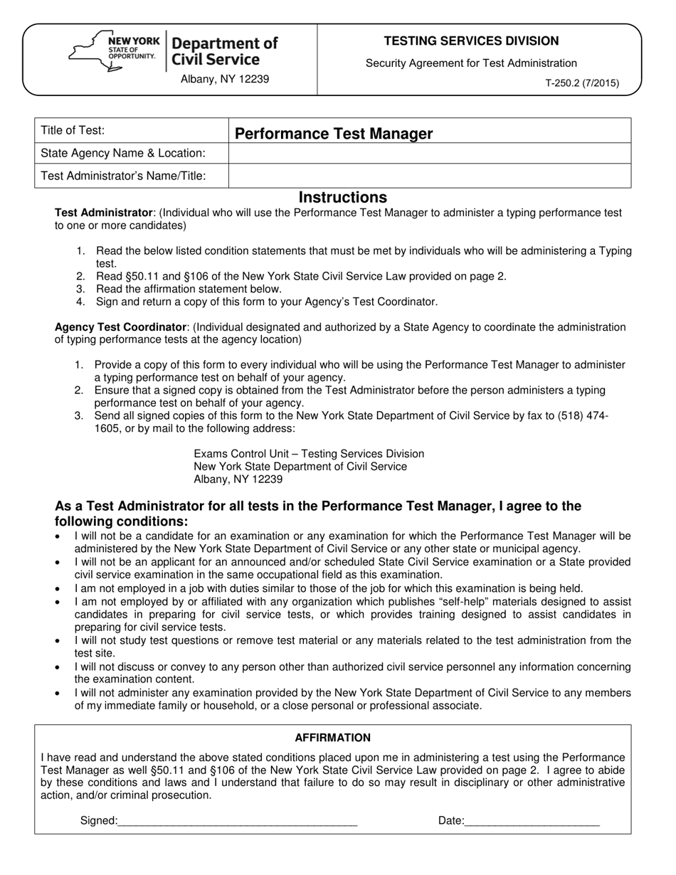 Form T-250.2 Security Agreement for Test Administration - New York, Page 1
