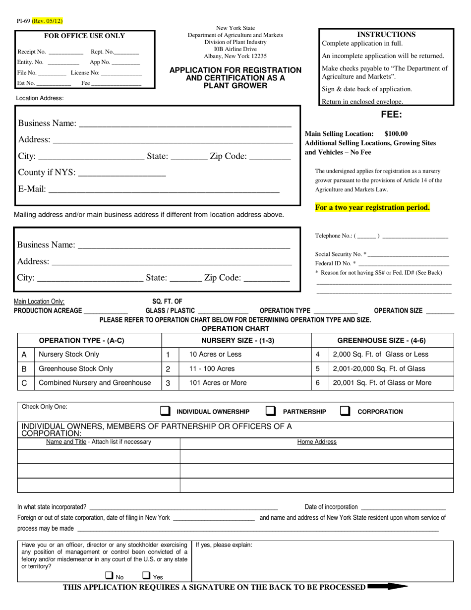 Form PI-69 Application for Registration and Certification as a Plant Grower - New York, Page 1