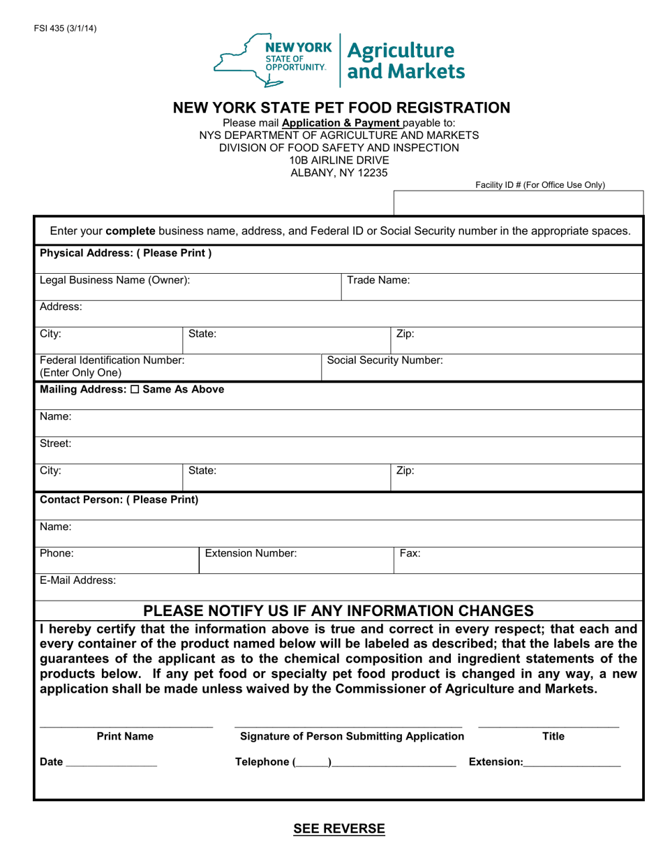 Form FSI435 New York State Pet Food Registration - New York, Page 1