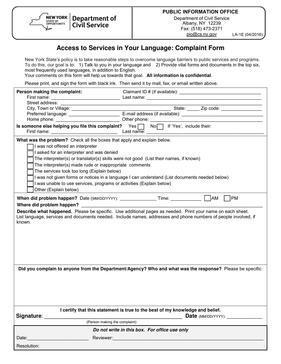 Form LA-1E Access to Services in Your Language: Complaint Form - New York, Page 1