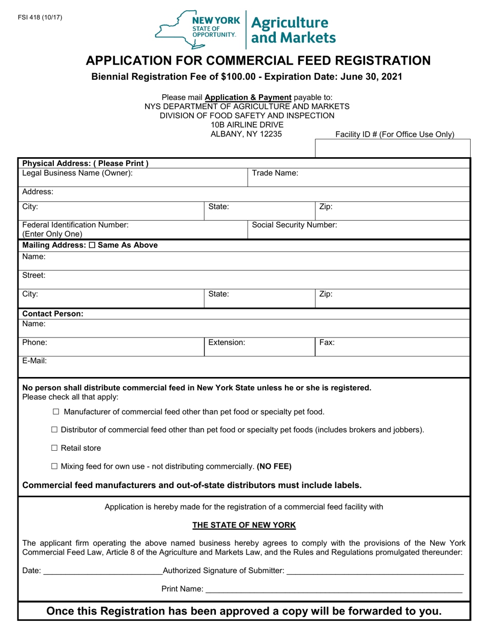 Form FSI418 Application for Commercial Feed Registration - New York, Page 1