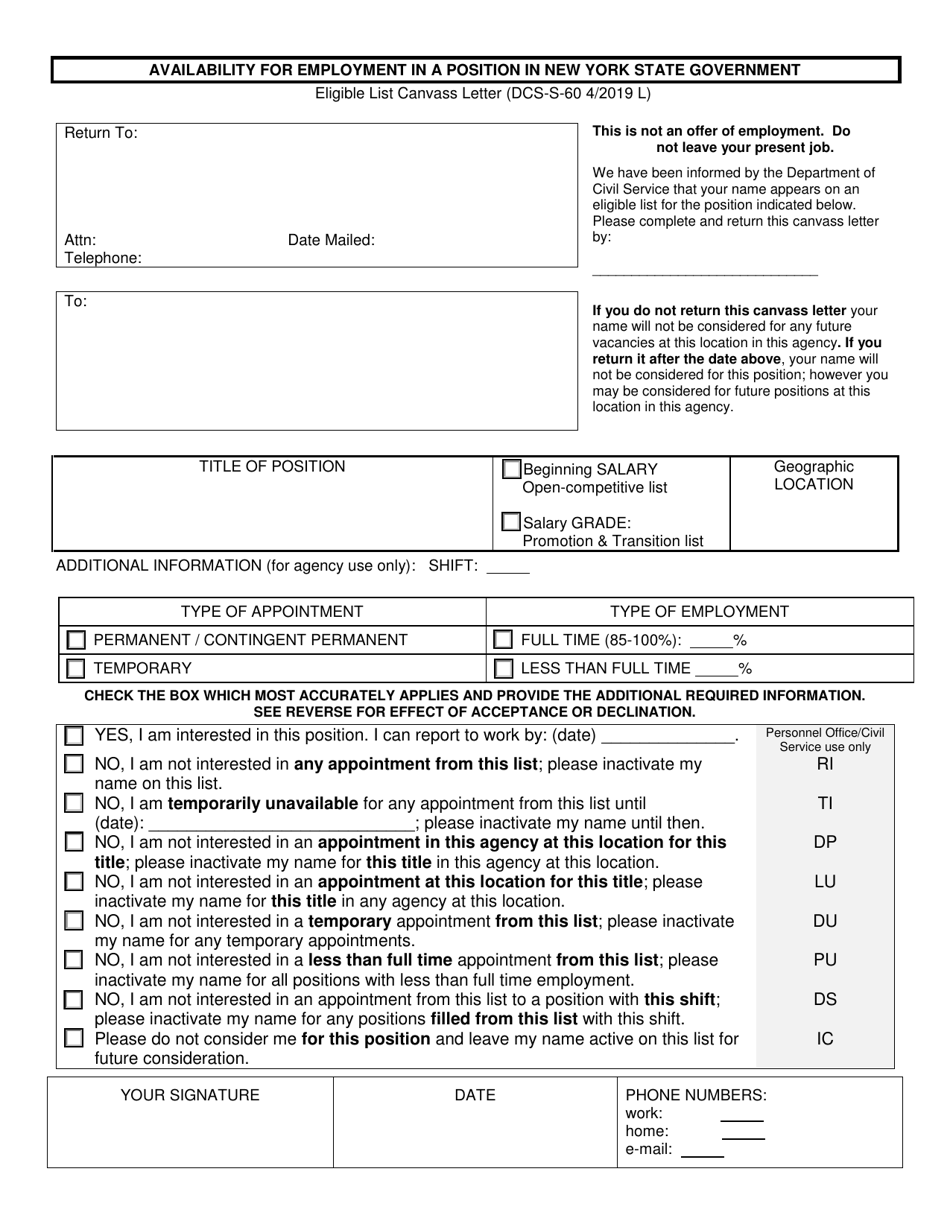 Form DCS-S-60 Availability for Employment in a Position in New York State Government - Eligible List Canvass Letter - New York, Page 1