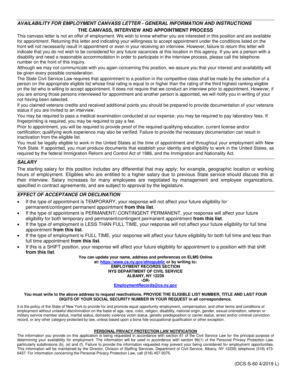 Form DCS-S-60 Availability for Employment in a Position in New York State Government - Eligible List Canvass Letter - New York, Page 2