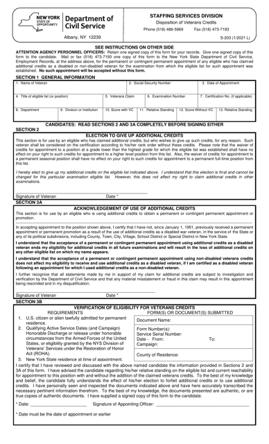Form S-203 Disposition of Veterans Credits - New York
