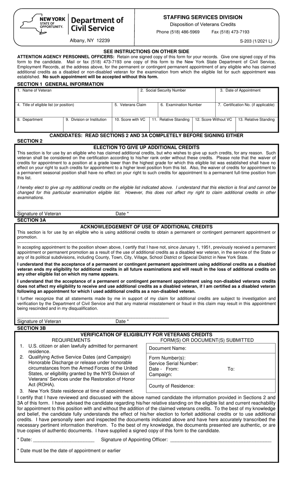 Form S-203 Disposition of Veterans Credits - New York, Page 1