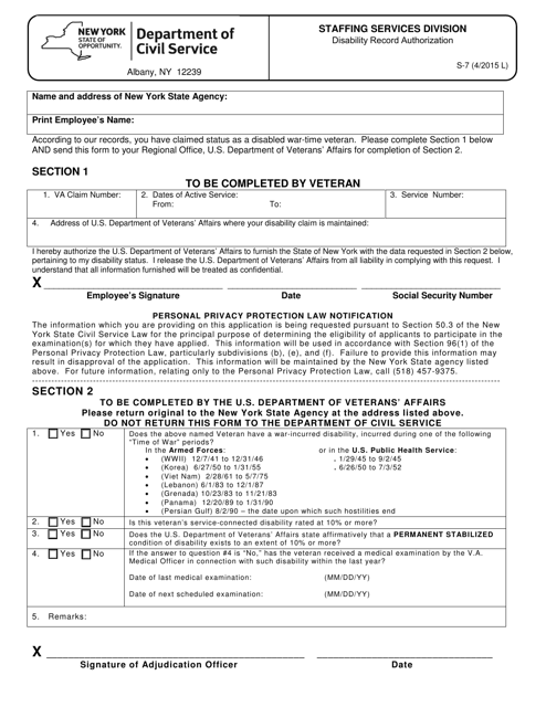 Form S-7 Disability Record Authorization - New York