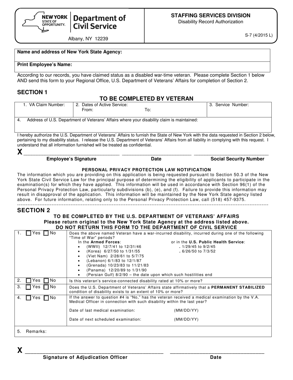 Form S-7 Disability Record Authorization - New York, Page 1