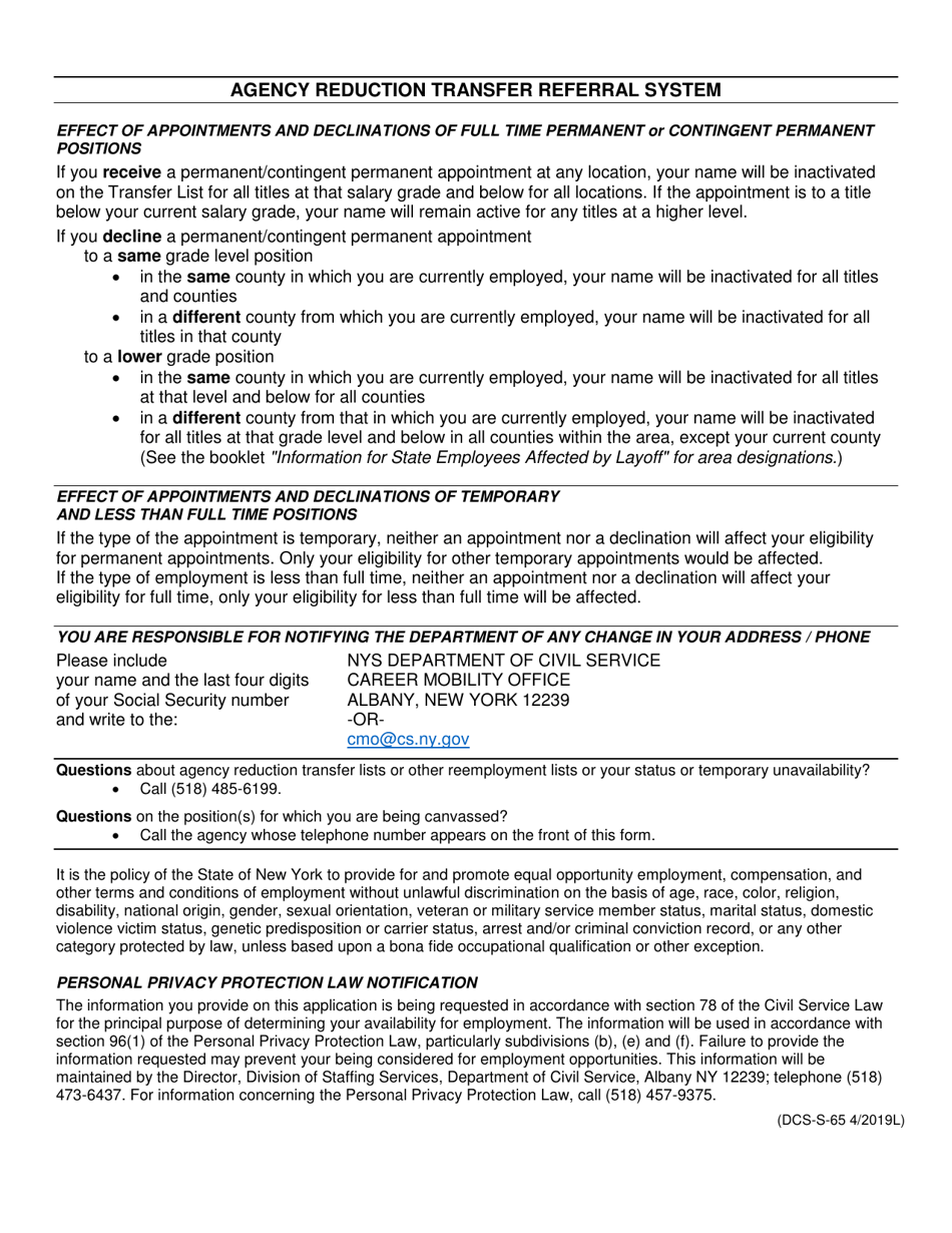 Form DCS-S-65 Agency Reduction Transfer Referral System: Confirmation of Declination - New York, Page 2