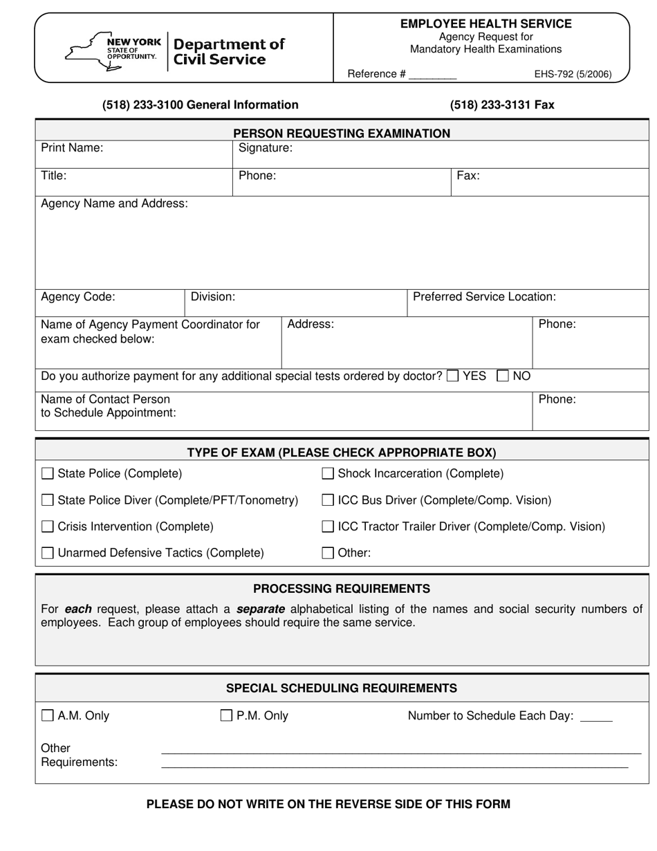 Form EHS-792 Agency Request for Mandatory Health Examinations - New York, Page 1