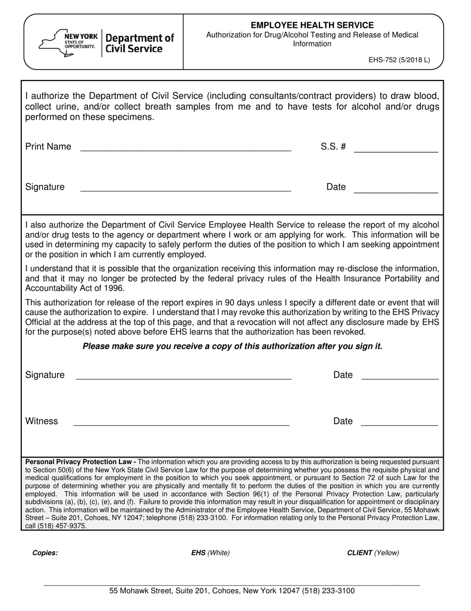 Form EHS-752 Authorization for Drug / Alcohol Testing and Release of Medical Information - New York, Page 1