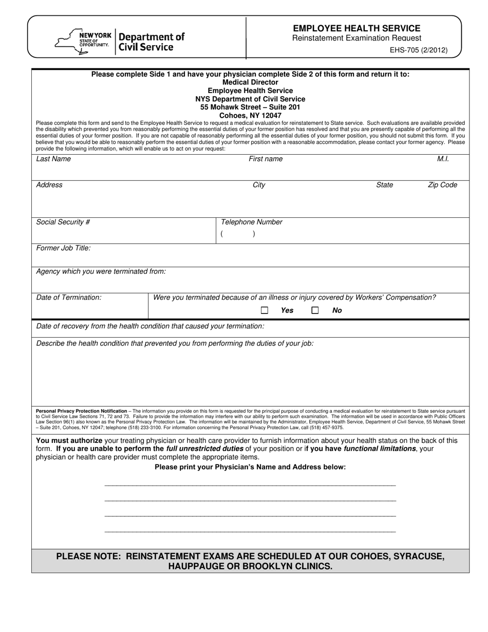 Form EHS-705 Reinstatement Examination Request - New York, Page 1