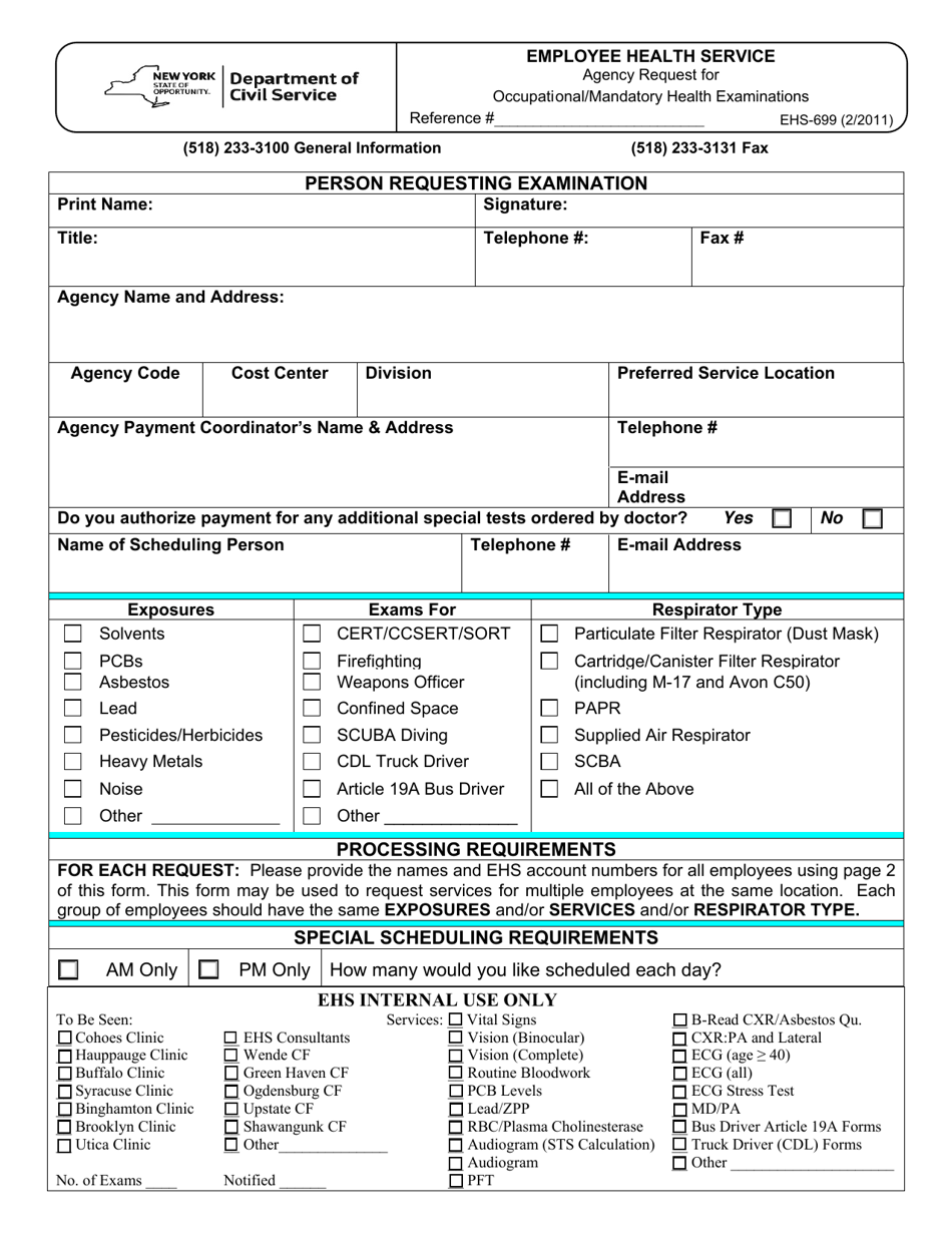 Form EHS-699 Agency Request for Occupational / Mandatory Health Examinations - New York, Page 1
