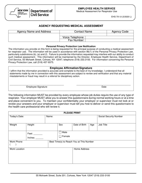 Form EHS-701.8 Agency Requesting Medical Assessment for Respirator Use - New York