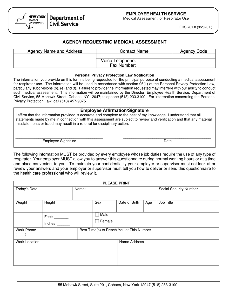 Form EHS-701.8 Agency Requesting Medical Assessment for Respirator Use - New York, Page 1