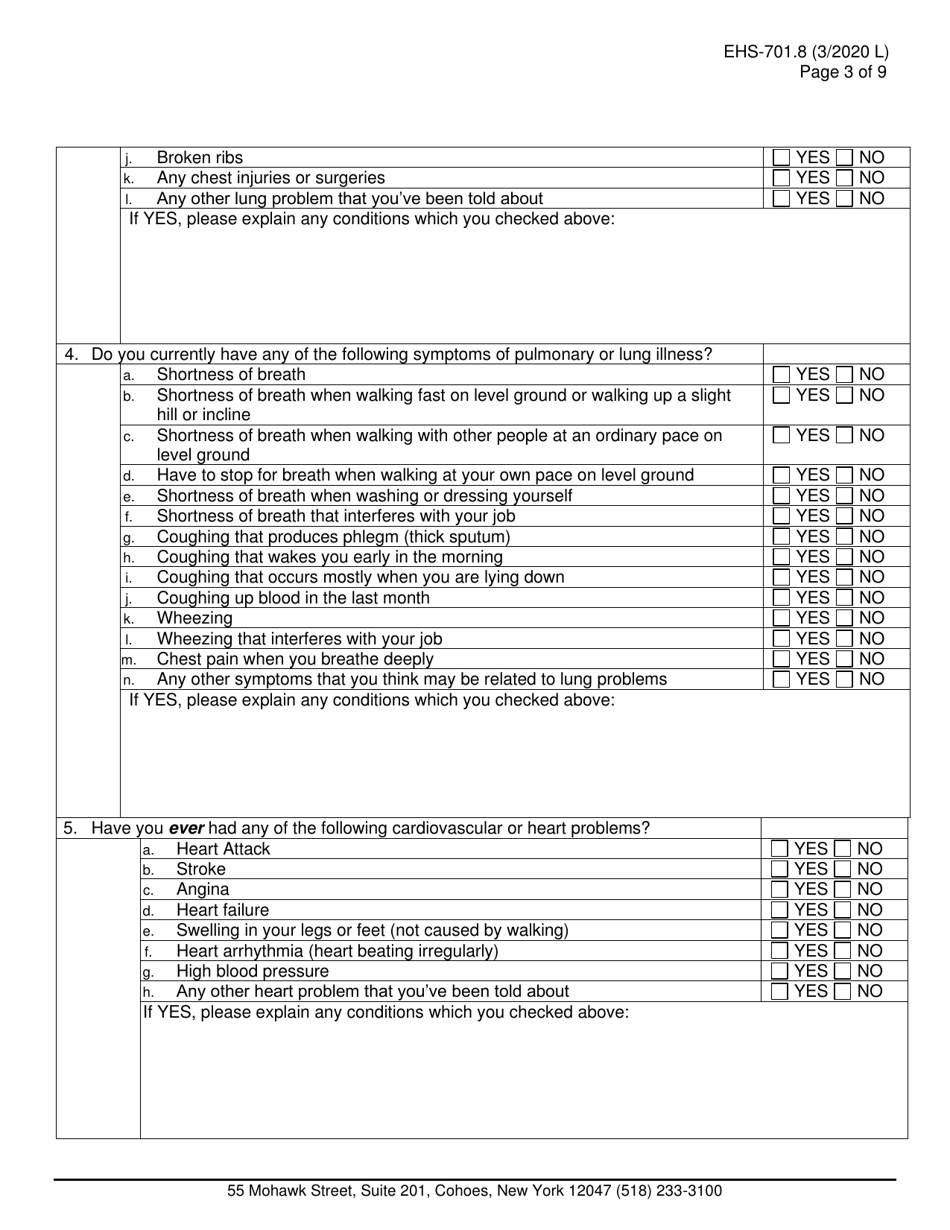 Form EHS-701.8 Agency Requesting Medical Assessment for Respirator Use - New York, Page 3