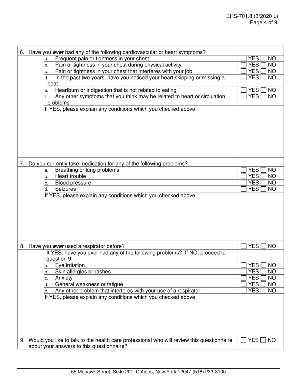 Form EHS-701.8 Agency Requesting Medical Assessment for Respirator Use - New York, Page 4